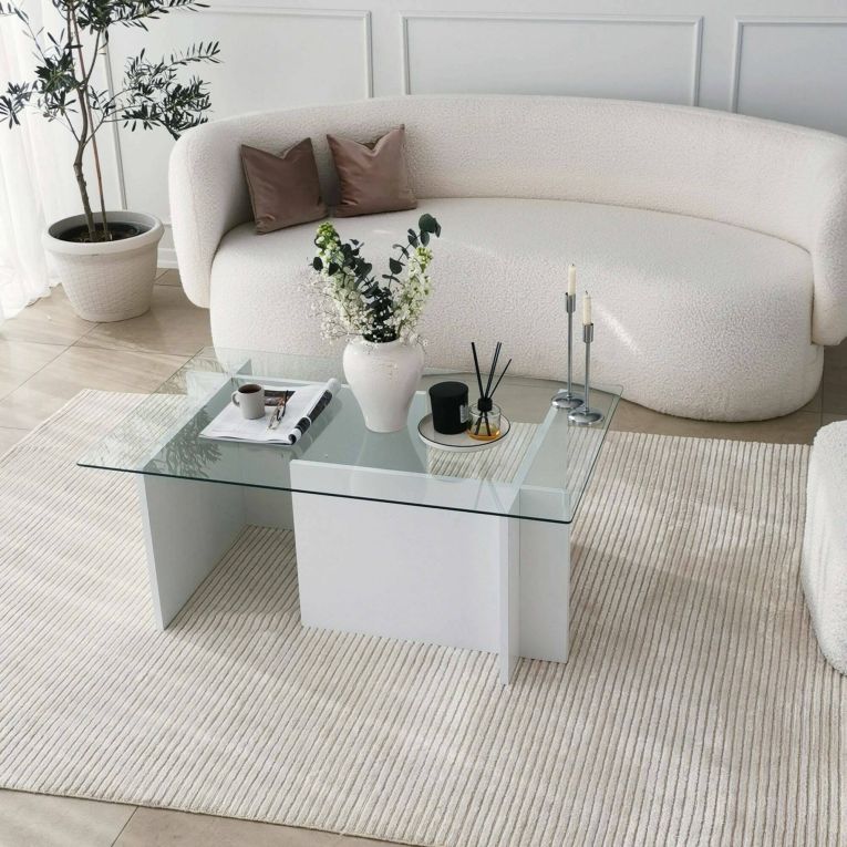 Tavolino da Salotto Bianco Portariviste Forma Rettangolare 105x65x40h cm, Materiale Piano in Vetro - Teti