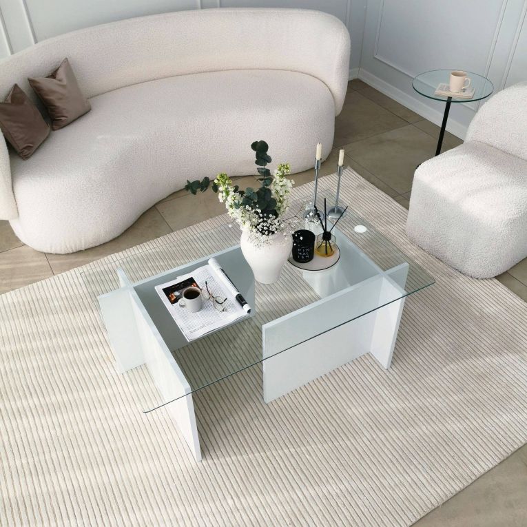 Tavolino da Salotto Bianco Portariviste Forma Rettangolare 105x65x40h cm, Materiale Piano in Vetro - Teti