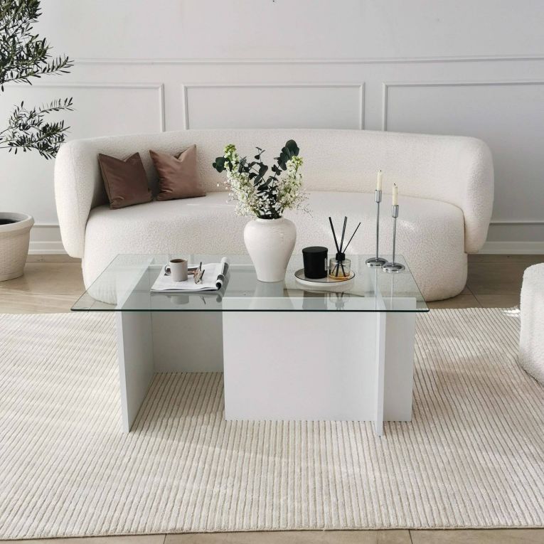Tavolino da Salotto Bianco Portariviste Forma Rettangolare 105x65x40h cm, Materiale Piano in Vetro - Teti