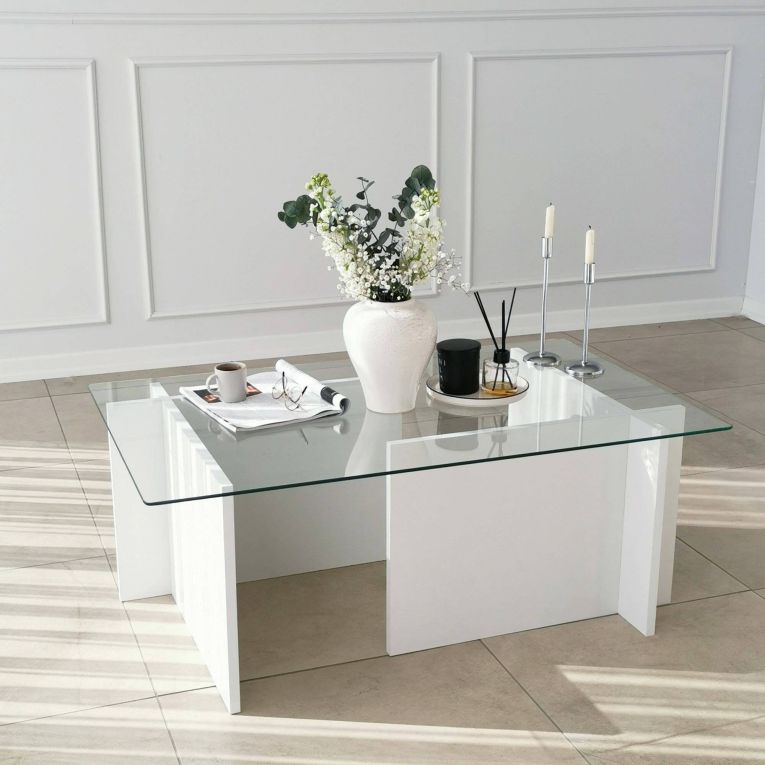 Tavolino da Salotto Bianco Portariviste Forma Rettangolare 105x65x40h cm, Materiale Piano in Vetro - Teti