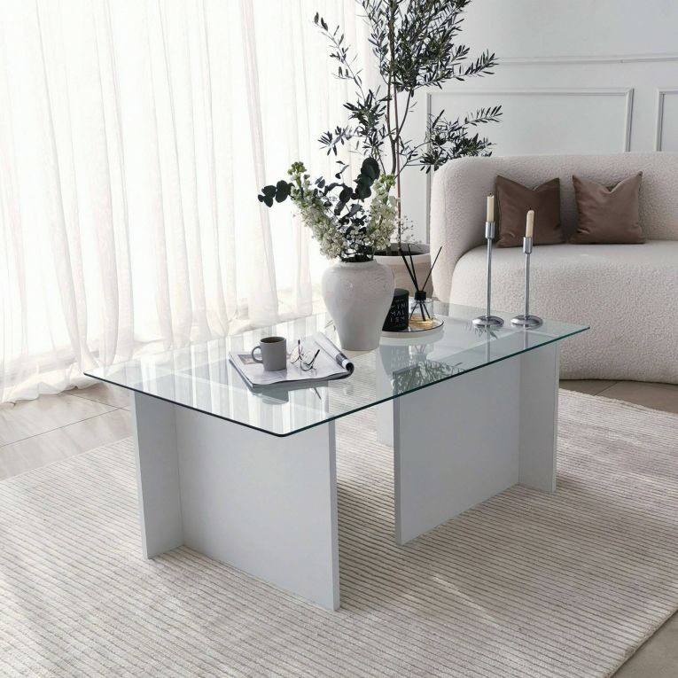 Tavolino da Salotto Bianco Portariviste Forma Rettangolare 105x65x40h cm, Materiale Piano in Vetro - Teti