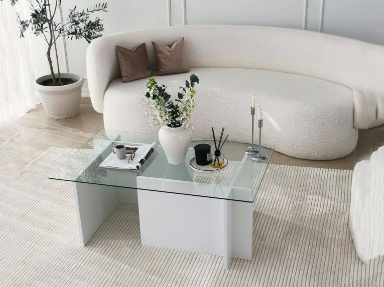 Tavolino da Salotto Bianco Portariviste Forma Rettangolare 105x65x40h cm, Materiale Piano in Vetro - Teti