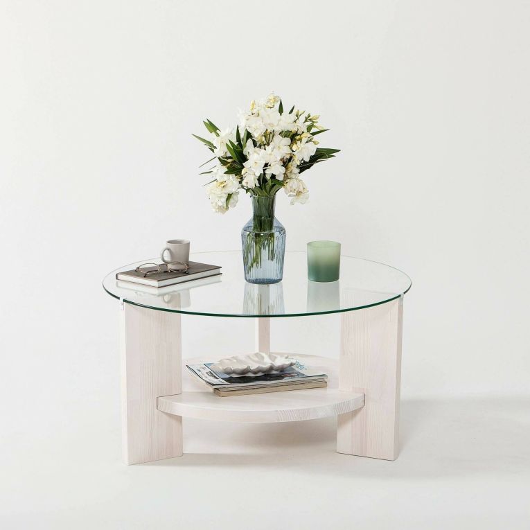 Tavolino da Salotto Bianco Portariviste Forma Rotonda 75x75x40h cm, Materiale Piano in Vetro - Felino