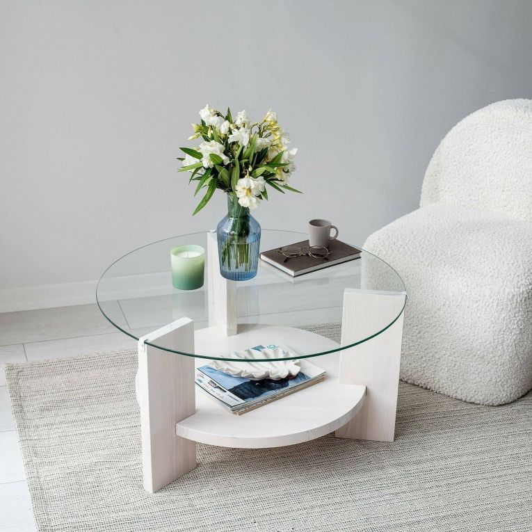Tavolino da Salotto Bianco Portariviste Forma Rotonda 75x75x40h cm, Materiale Piano in Vetro - Felino