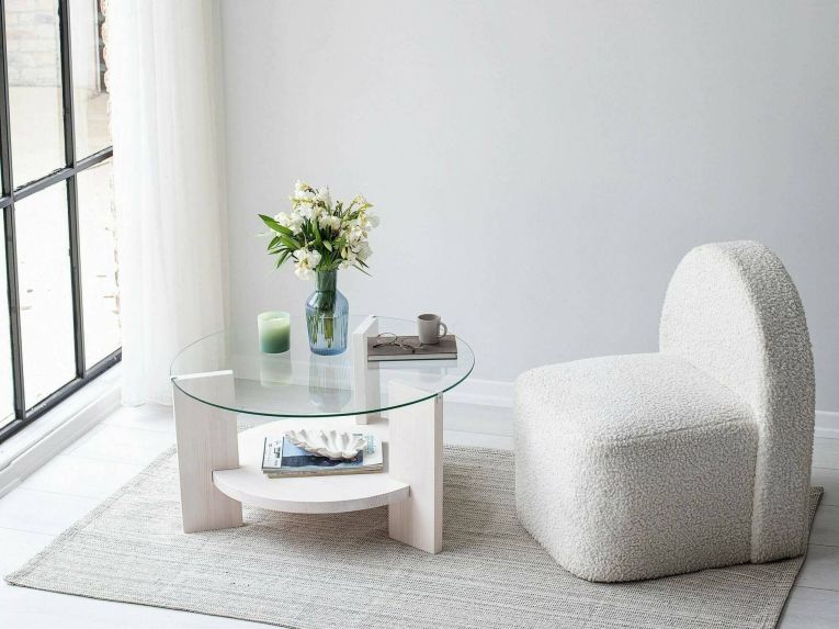 Tavolino da Salotto Bianco Portariviste Forma Rotonda 75x75x40h cm, Materiale Piano in Vetro - Felino