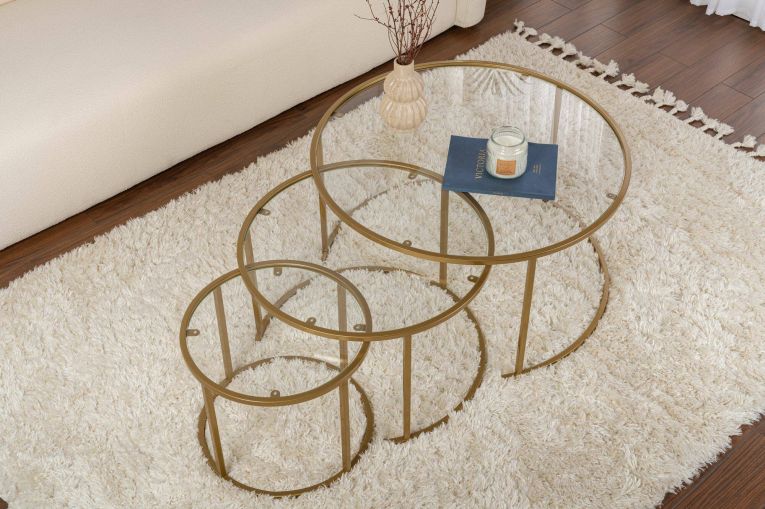 Tavolino da salotto Carugate, Tavolo basso da caffè, Portariviste per divano, Ripiano da soggiorno, 80x80 h43 cm, Oro e Trasparente