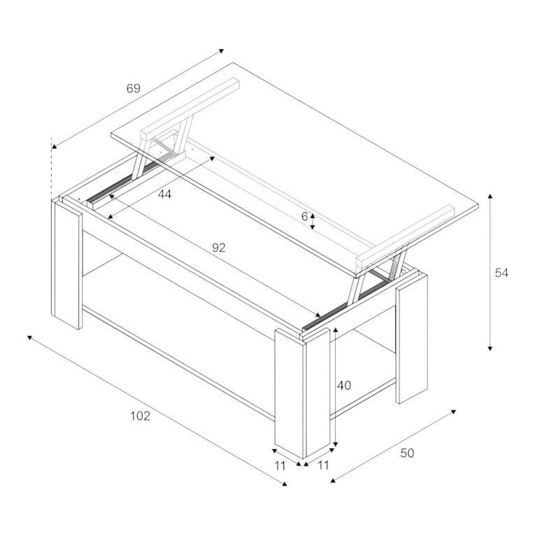 Tavolino da salotto Chicago, Tavolino da caffè con ripiano elevabile, Tavolo basso da soggiorno, 102x50h43-54 cm, Bianco opaco