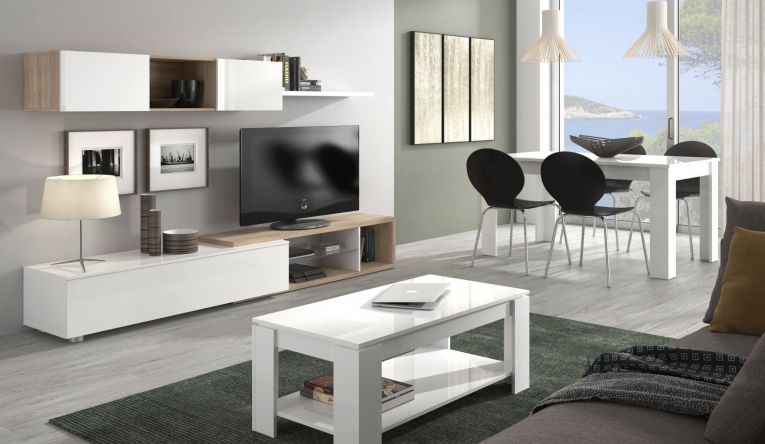 Tavolino da salotto Chicago, Tavolino da caffè con ripiano elevabile, Tavolo basso da soggiorno, 102x50h43-54 cm, Bianco opaco