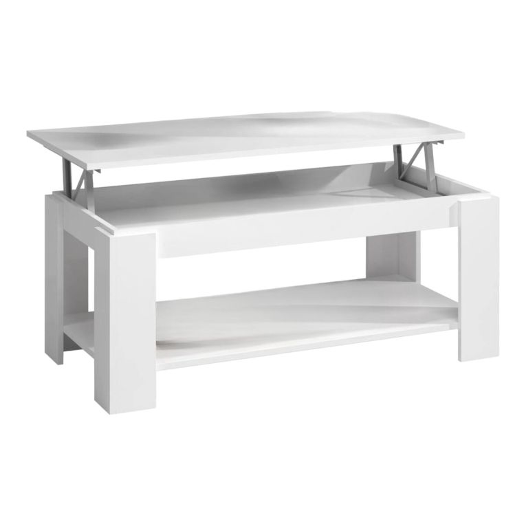 Tavolino da salotto Chicago, Tavolino da caffè con ripiano elevabile, Tavolo basso da soggiorno, 102x50h43-54 cm, Bianco opaco