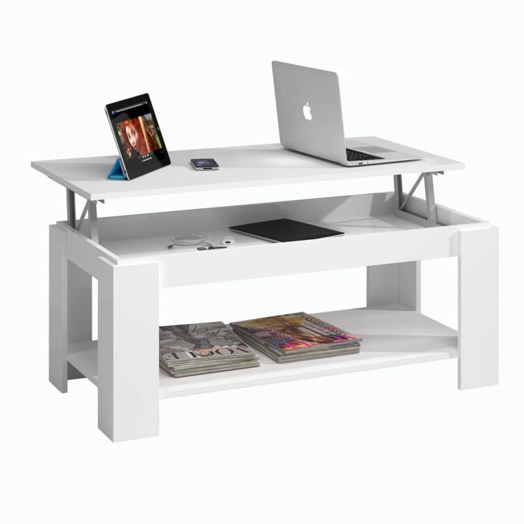 Tavolino da salotto Chicago, Tavolino da caffè con ripiano elevabile, Tavolo basso da soggiorno, 102x50h43-54 cm, Bianco opaco