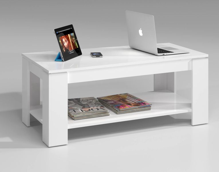 Tavolino da salotto Chicago, Tavolino da caffè con ripiano elevabile, Tavolo basso da soggiorno, 102x50h43-54 cm, Bianco opaco