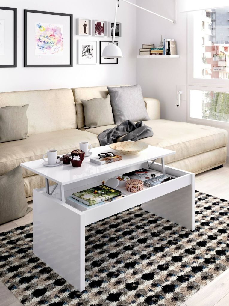Tavolino da salotto Cuar, Porta riviste da soggiorno con vano portaoggetti, Tavolo basso da caffè elevabile, 102x50h43 cm, Bianco lucido