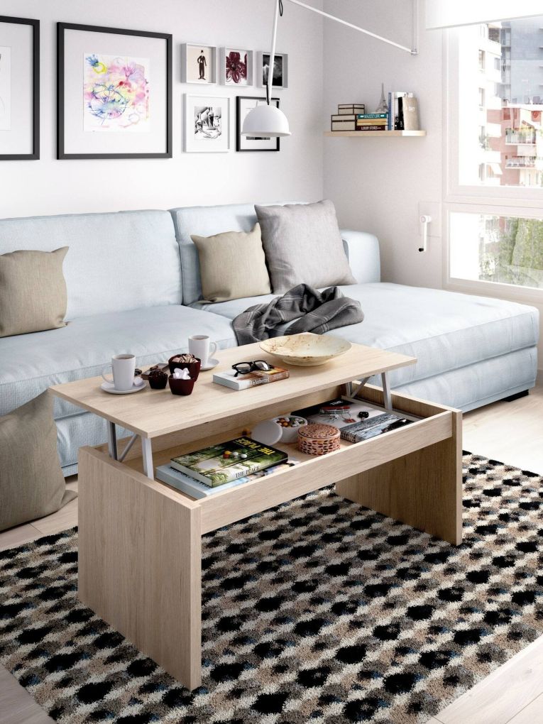 Tavolino da salotto Cuar, Porta riviste da soggiorno con vano portaoggetti, Tavolo basso da caffè elevabile, 102x50h43 cm, Rovere