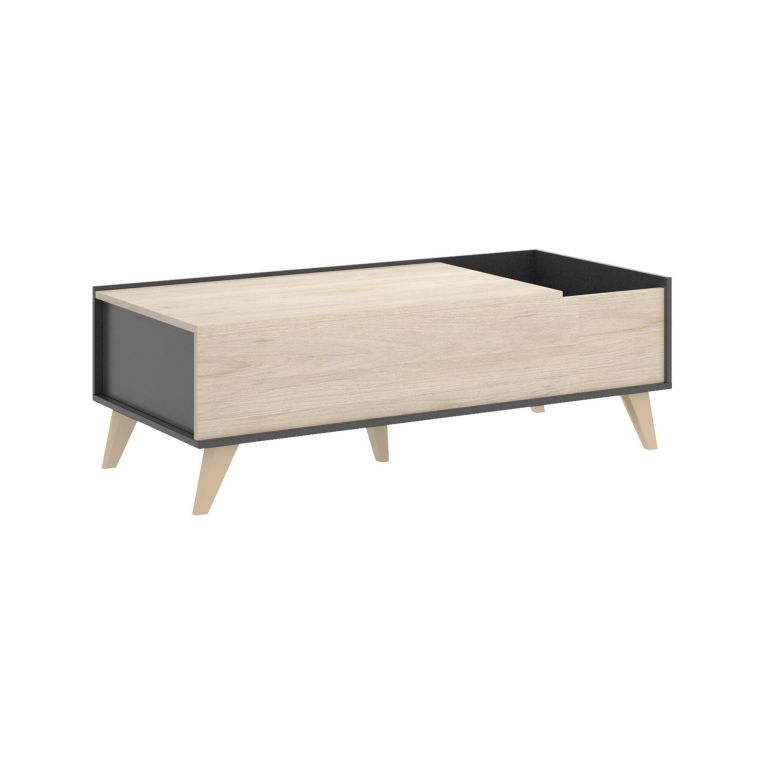 Tavolino da salotto Cuna, Porta riviste da soggiorno con vano portaoggetti, Tavolo basso da caffè elevabile, 99x60h41 cm, Antracite e Rovere