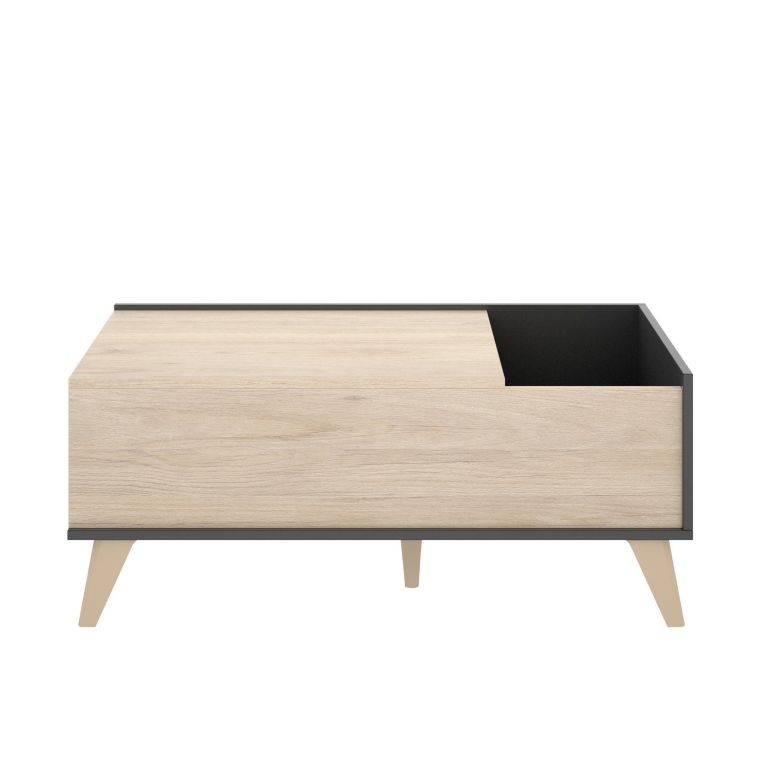 Tavolino da salotto Cuna, Porta riviste da soggiorno con vano portaoggetti, Tavolo basso da caffè elevabile, 99x60h41 cm, Antracite e Rovere