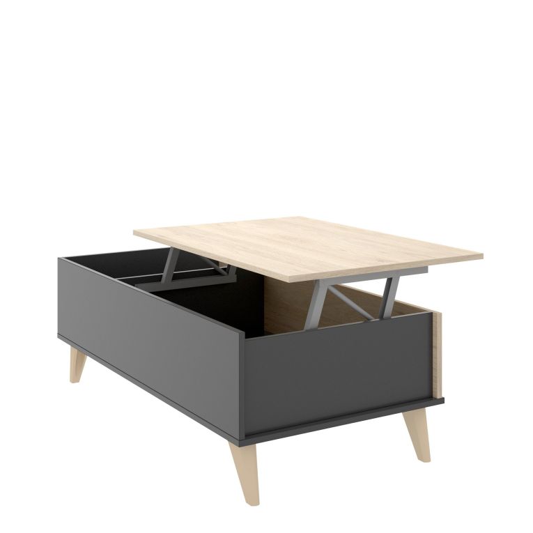 Tavolino da salotto Cuna, Porta riviste da soggiorno con vano portaoggetti, Tavolo basso da caffè elevabile, 99x60h41 cm, Antracite e Rovere