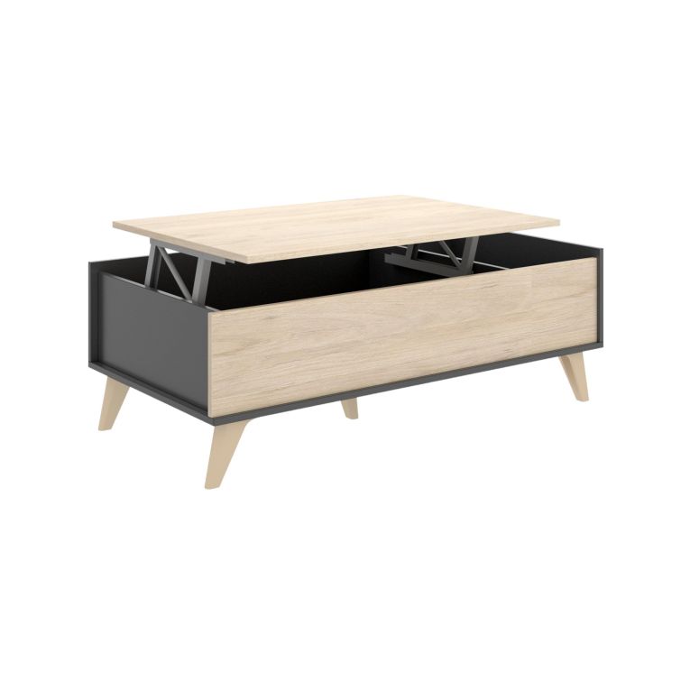 Tavolino da salotto Cuna, Porta riviste da soggiorno con vano portaoggetti, Tavolo basso da caffè elevabile, 99x60h41 cm, Antracite e Rovere