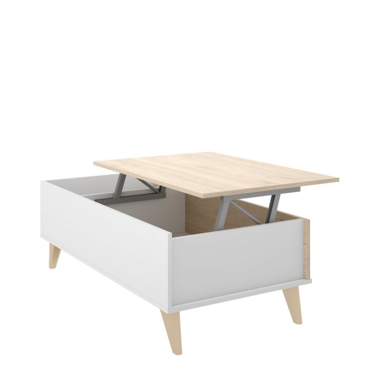 Tavolino da salotto Cuna, Porta riviste da soggiorno con vano portaoggetti, Tavolo basso da caffè elevabile, 99x60h41 cm, Rovere e Bianco