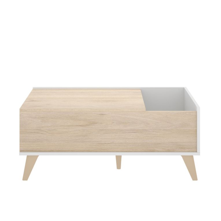 Tavolino da salotto Cuna, Porta riviste da soggiorno con vano portaoggetti, Tavolo basso da caffè elevabile, 99x60h41 cm, Rovere e Bianco