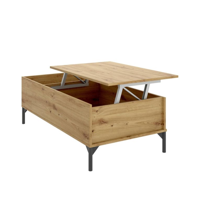 Tavolino da salotto Cuna, Porta riviste da soggiorno con vano portaoggetti, Tavolo basso da caffè elevabile, 99x60h41 cm, Rovere Nodi