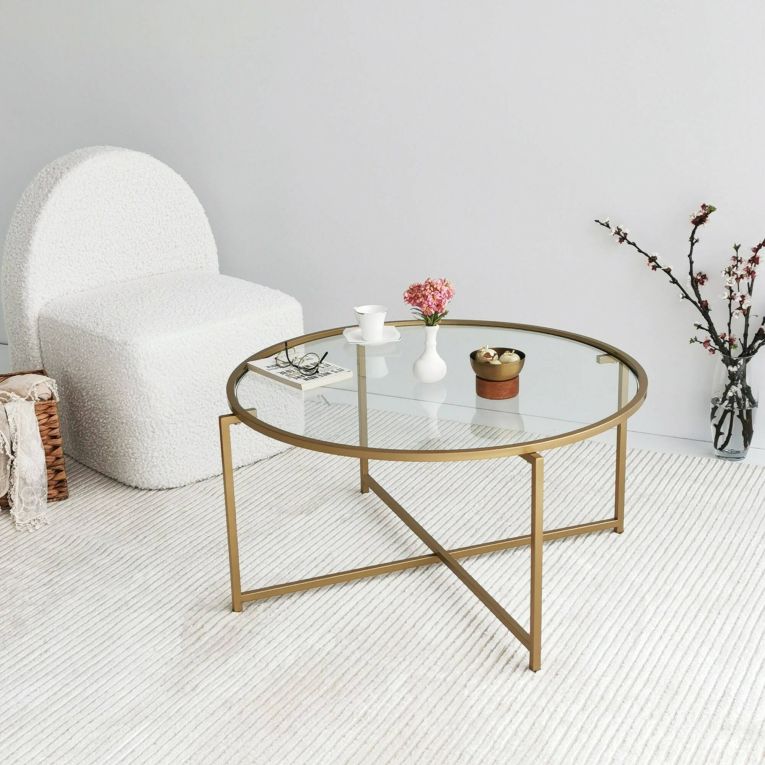 Tavolino da salotto Cursa, Tavolo basso da soggiorno, Ripiano da caffè, Tavolino per divano, 83x83h40 cm, Oro