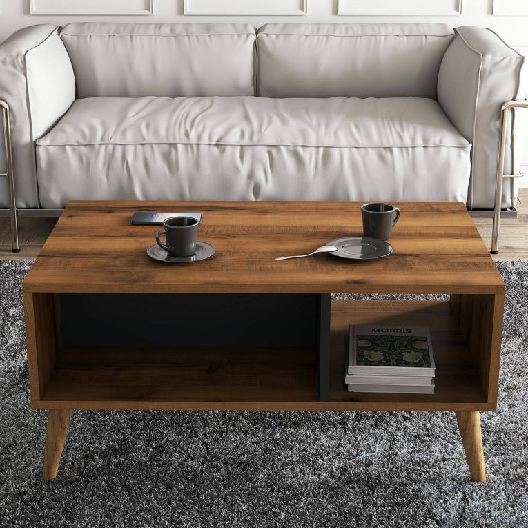 Tavolino da salotto Daphnis, Tavolo basso da caffè, Portariviste per divano, Ripiano da soggiorno, 90x42 h54 cm, Noce e Antracite