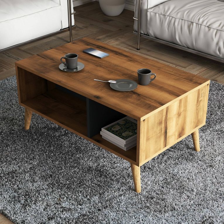 Tavolino da salotto Daphnis, Tavolo basso da caffè, Portariviste per divano, Ripiano da soggiorno, 90x42 h54 cm, Noce e Antracite