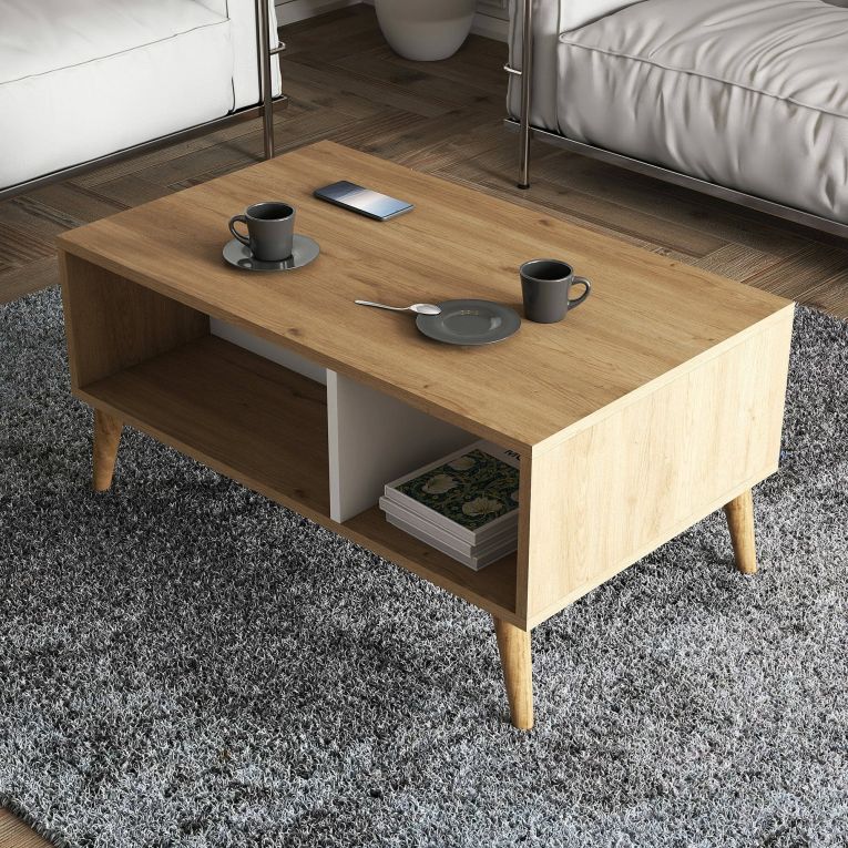 Tavolino da salotto Daphnis, Tavolo basso da caffè, Portariviste per divano, Ripiano da soggiorno, 90x42 h54 cm, Quercia e Bianco