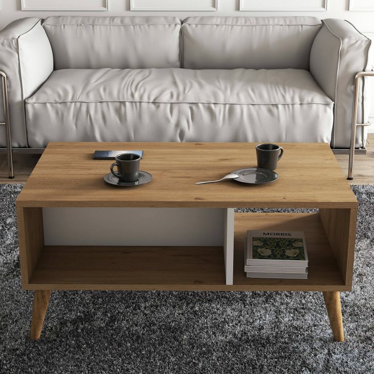 Tavolino da salotto Daphnis, Tavolo basso da caffè, Portariviste per divano, Ripiano da soggiorno, 90x42 h54 cm, Quercia e Bianco