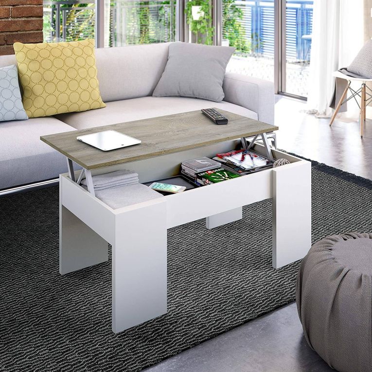Tavolino da salotto Dleal, 100x50h45-56 cm, Bianco e Rovere Nodi