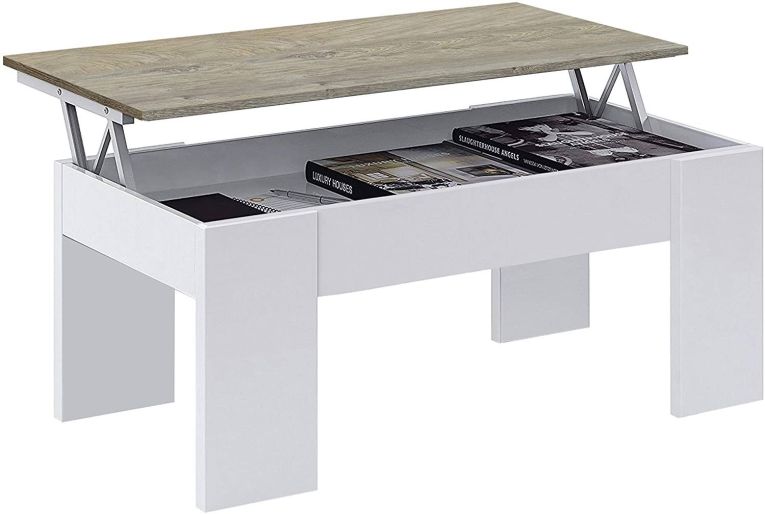 Tavolino da salotto Dleal, 100x50h45-56 cm, Bianco e Rovere Nodi