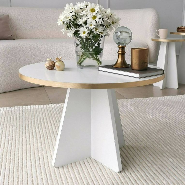 Tavolino da salotto Elnath, Tavolo basso da soggiorno, Ripiano da caffè, Tavolino per divano, 60x60h40 cm, Oro e Bianco