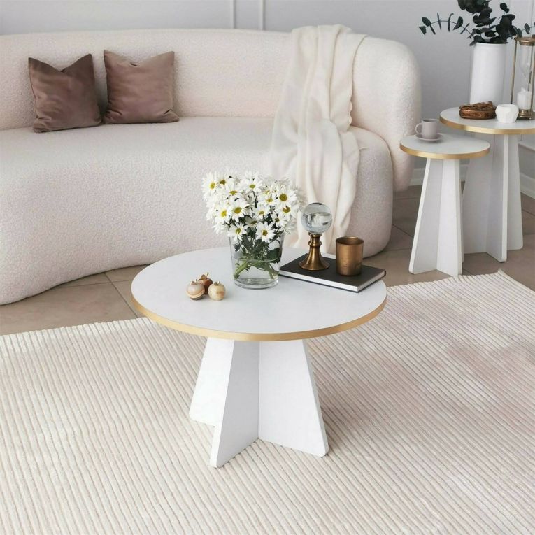 Tavolino da salotto Elnath, Tavolo basso da soggiorno, Ripiano da caffè, Tavolino per divano, 60x60h40 cm, Oro e Bianco