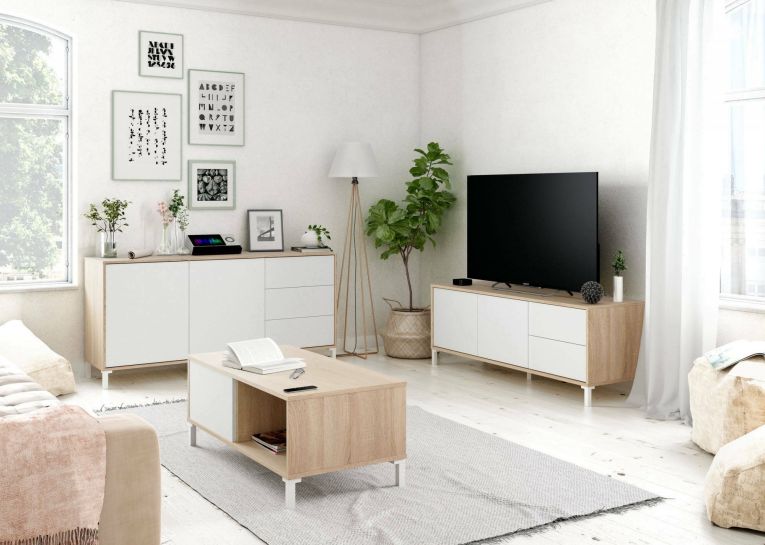 Tavolino da salotto Evansville, Tavolino da caffè, Tavolo basso da soggiorno, 100x50h40 cm, Rovere e Bianco