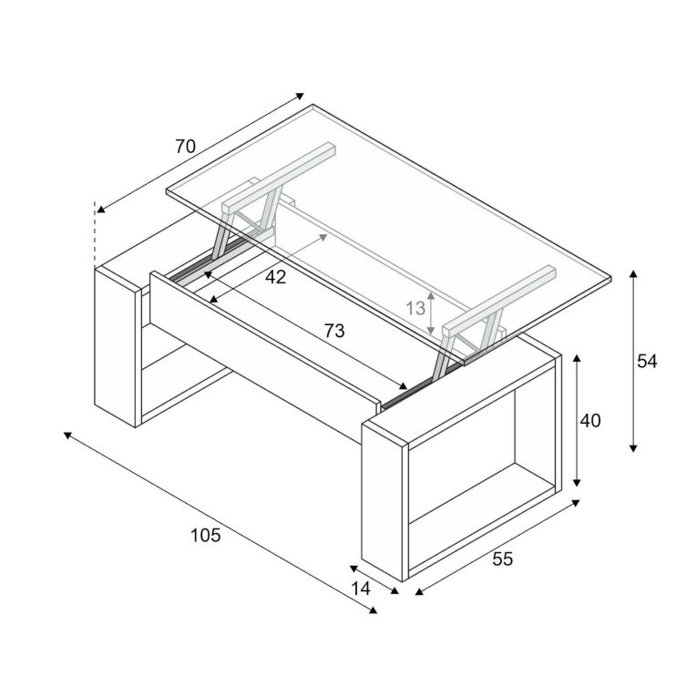 Tavolino da salotto Flint, Tavolino da caffè con piano elevabile, Tavolo basso da soggiorno, 105x55h45-56 cm, Bianco
