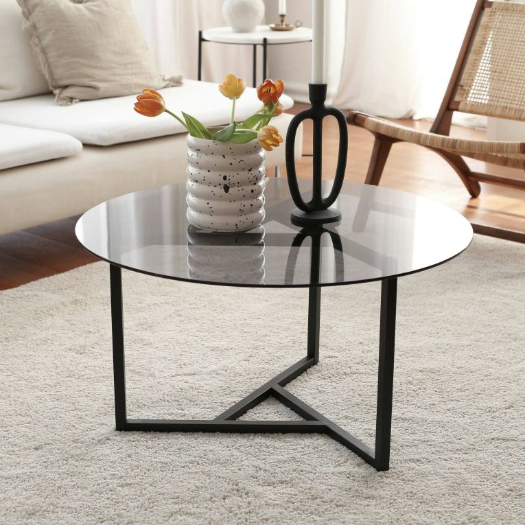 Tavolino da salotto Galactica, Tavolo basso da soggiorno, Ripiano da caffè, Tavolino per divano, 75x75h42 cm, Tortora e Nero