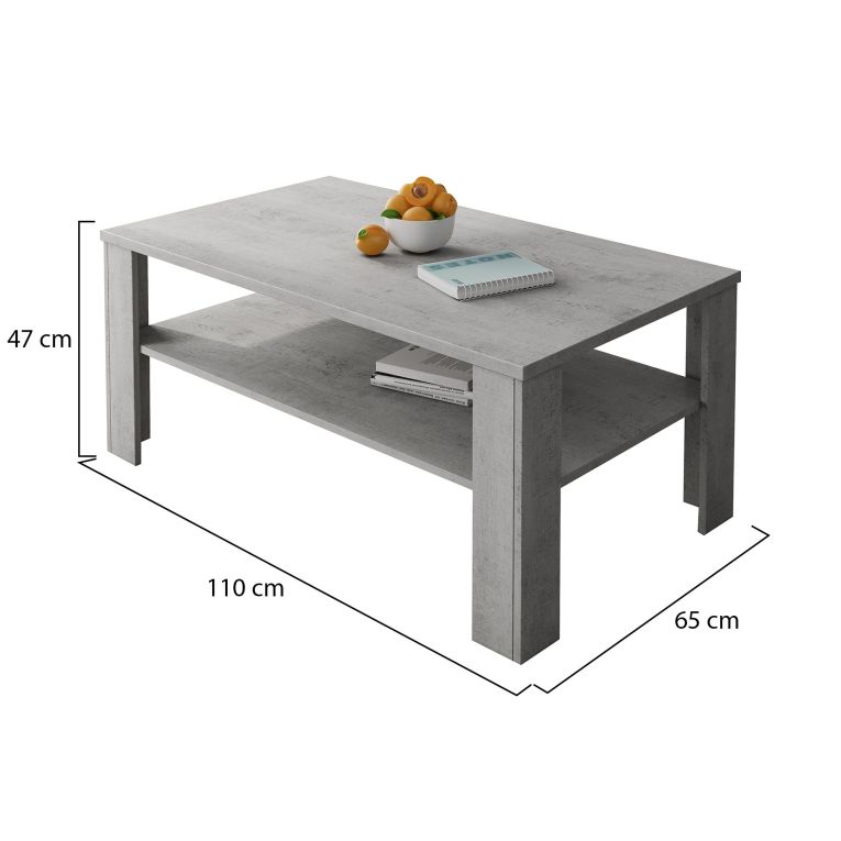 Tavolino da Salotto Grigio Cemento un Vano Forma Rettangolare 110x65x47h cm, Sfumatura Colore Ripiano Cemento - Rora