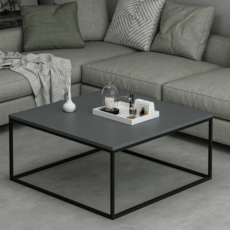 Tavolino da Salotto Grigio Nero un Vano Forma Rettangolare 90x90x42h cm, Colore Struttura Nero - Arcella