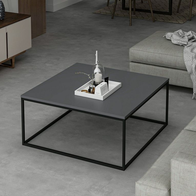 Tavolino da Salotto Grigio Nero un Vano Forma Rettangolare 90x90x42h cm, Colore Struttura Nero - Arcella