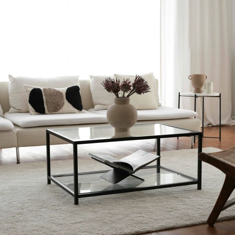 Tavolino da Salotto Grigio Tortora Nero un Vano Forma Rettangolare 90x60x40h cm, Colore Ripiano Trasparente - Mina
