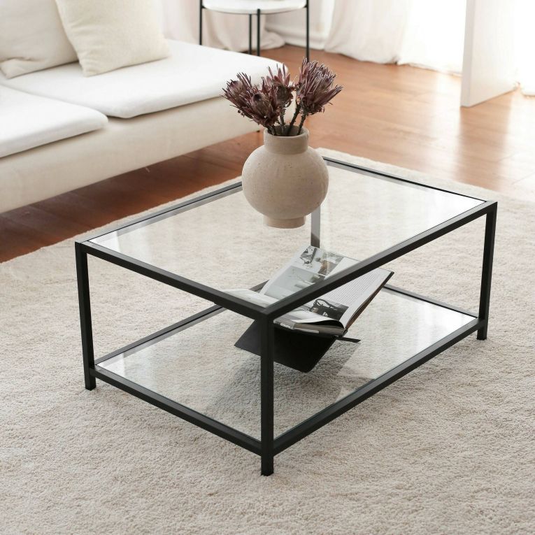 Tavolino da Salotto Grigio Tortora Nero un Vano Forma Rettangolare 90x60x40h cm, Colore Ripiano Trasparente - Mina