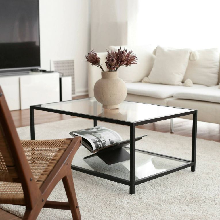 Tavolino da Salotto Grigio Tortora Nero un Vano Forma Rettangolare 90x60x40h cm, Colore Ripiano Trasparente - Mina