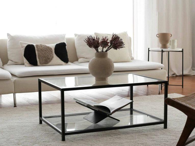 Tavolino da Salotto Grigio Tortora Nero un Vano Forma Rettangolare 90x60x40h cm, Colore Ripiano Trasparente - Mina