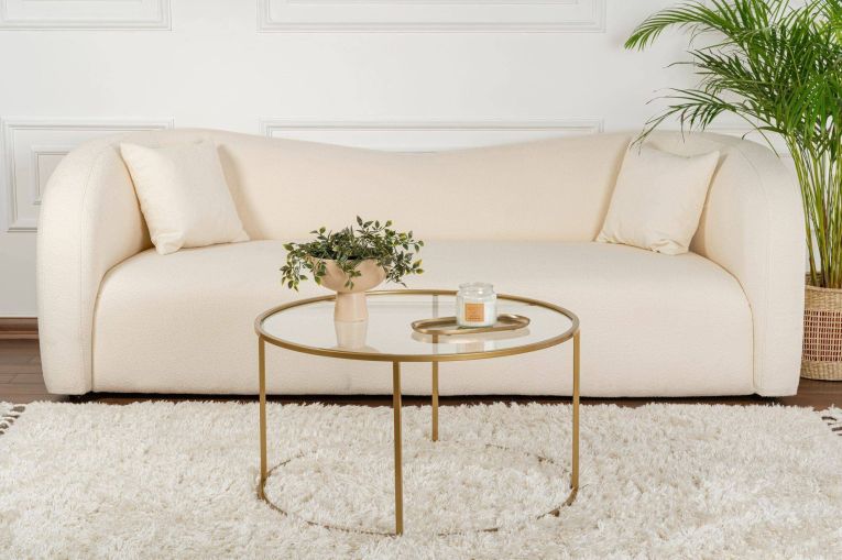 Tavolino da salotto Guidi, Tavolo basso da caffè, Portariviste per divano, Ripiano da soggiorno, 80x80 h43 cm, Oro e Trasparente