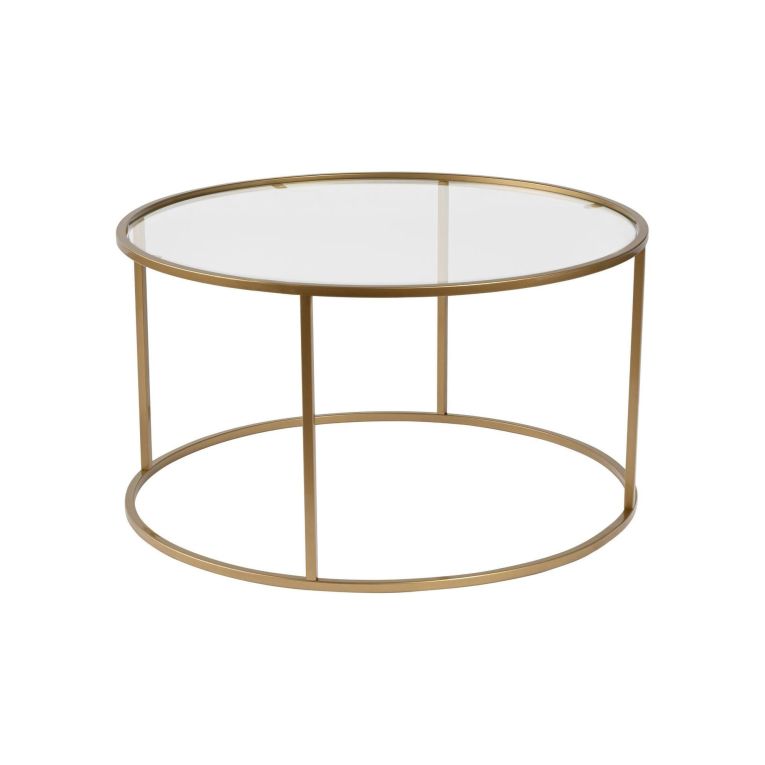 Tavolino da salotto Guidi, Tavolo basso da caffè, Portariviste per divano, Ripiano da soggiorno, 80x80 h43 cm, Oro e Trasparente
