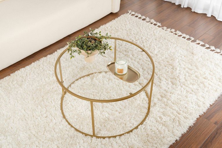 Tavolino da salotto Guidi, Tavolo basso da caffè, Portariviste per divano, Ripiano da soggiorno, 80x80 h43 cm, Oro e Trasparente