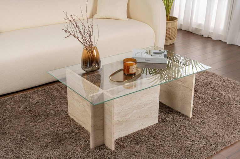 Tavolino da salotto Illasi, Tavolo basso da caffè, Portariviste per divano, Ripiano da soggiorno, 105x65 h40 cm, Beige