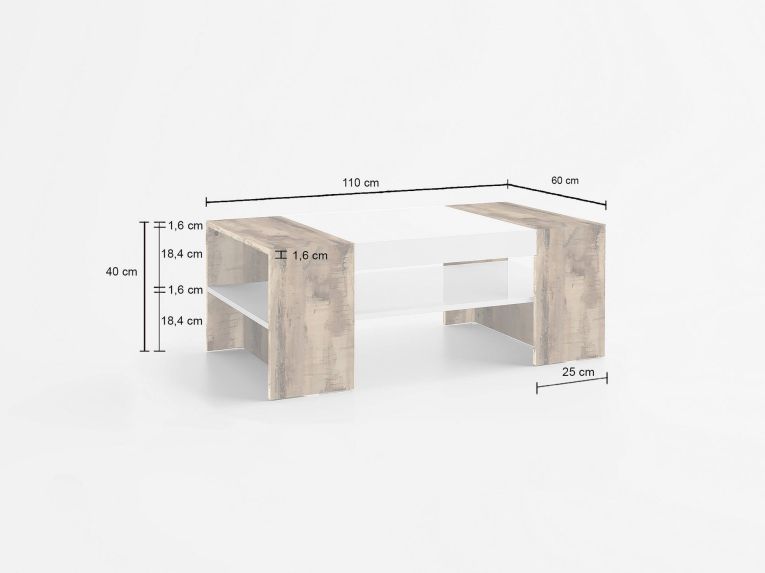 Tavolino da salotto Jonni, Tavolo basso da caffè, Mobiletto portariviste, 100% Made in Italy, cm 110x60h40, Bianco lucido e Acero