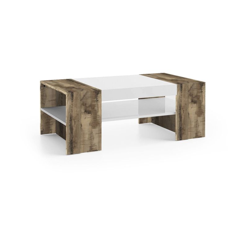 Tavolino da salotto Jonni, Tavolo basso da caffè, Mobiletto portariviste, 100% Made in Italy, cm 110x60h40, Bianco lucido e Acero