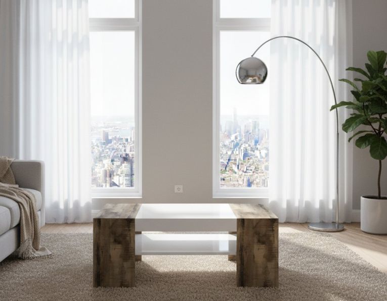 Tavolino da salotto Jonni, Tavolo basso da caffè, Mobiletto portariviste, 100% Made in Italy, cm 110x60h40, Bianco lucido e Acero